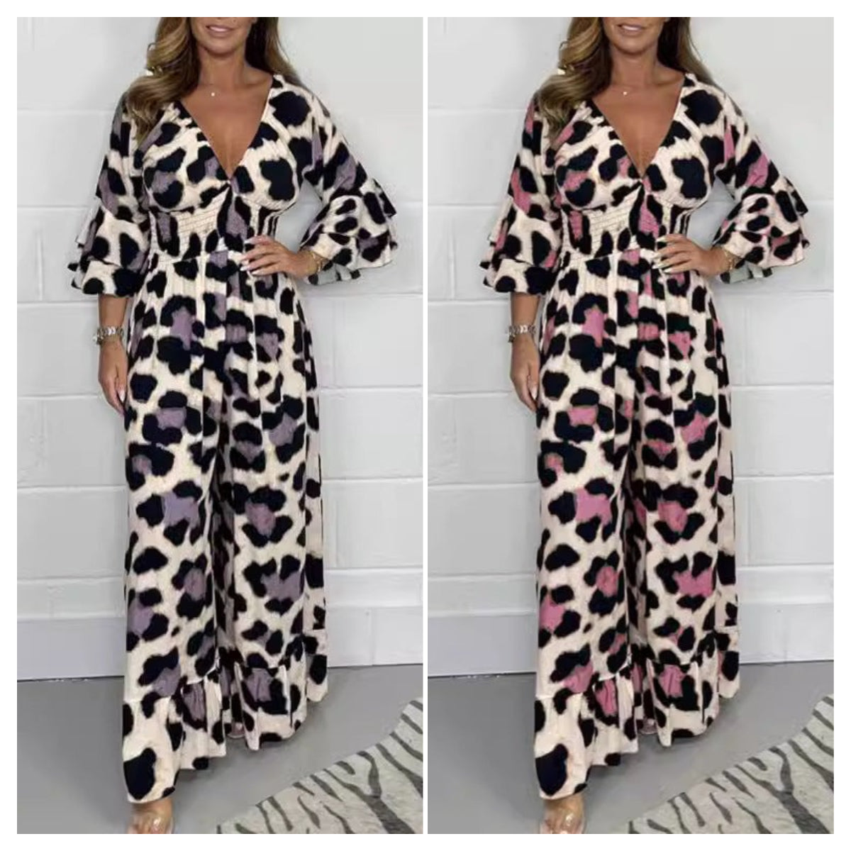 🔥🍃Jumpsuit mit V-Ausschnitt und Leopardenmuster