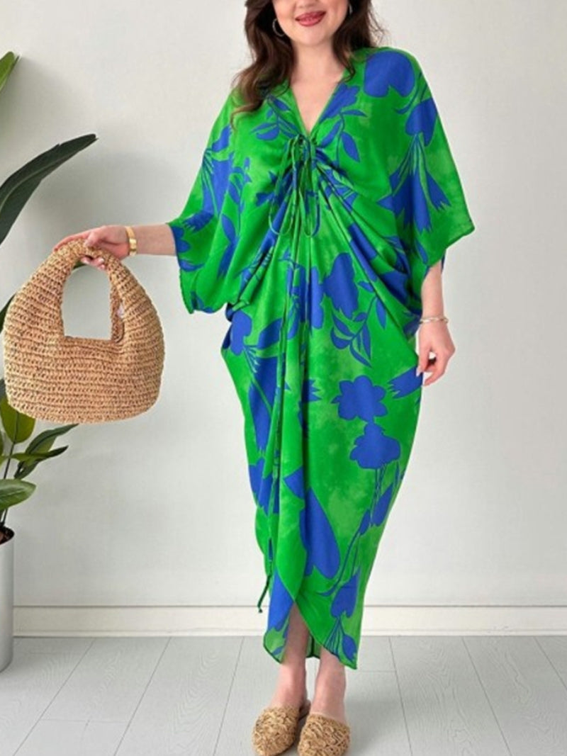 💃 Mode Bedruckte Fledermaus Ärmel V-Ausschnitt Kordelzug Kleid