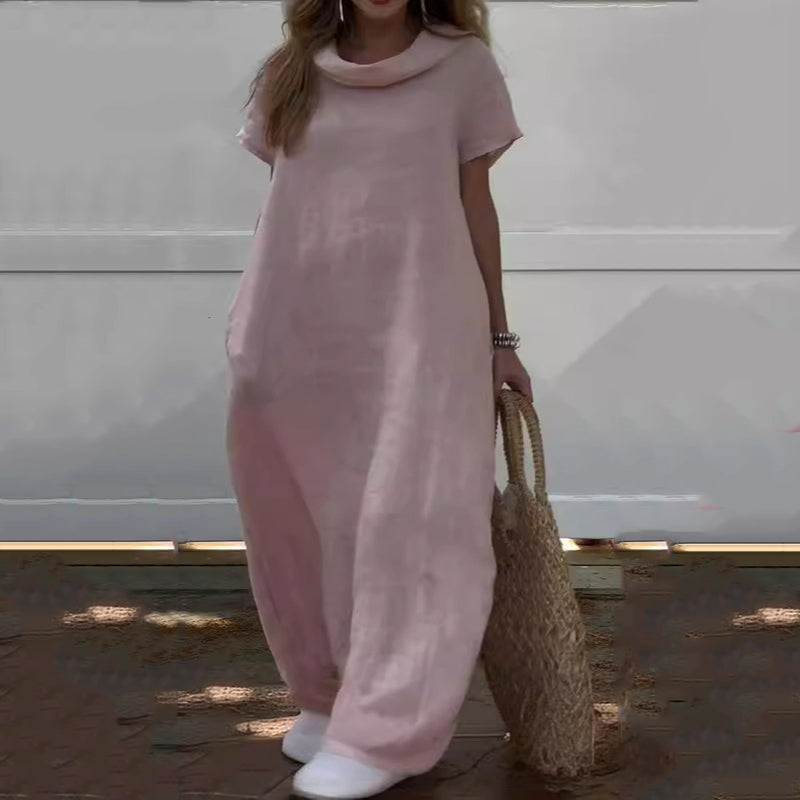 Damen-Freizeitkleid aus Baumwolle und Leinen mit Wasserfallausschnitt