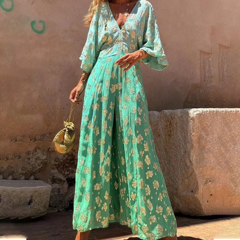 Eleganter Damen-Overall mit V-Ausschnitt und Blumenmuster und weitem Bein