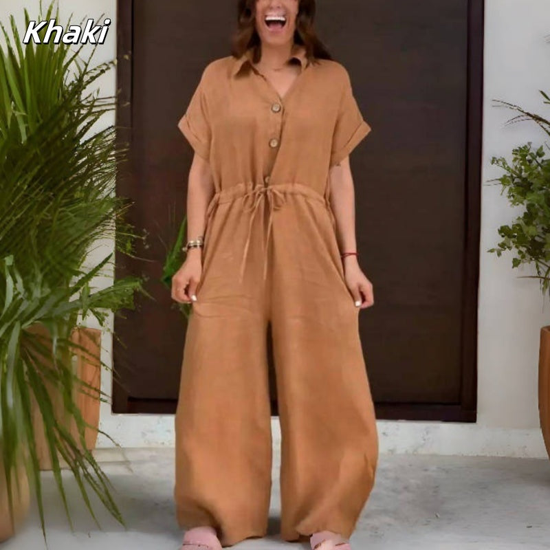 Einfarbiger Jumpsuit mit Revers und Knopfleiste sowie Kordelzug für Damen