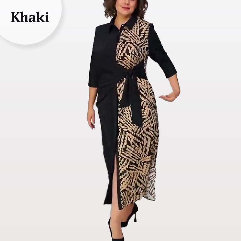 Kleid mit 3/4-Ärmeln, Farbblock-Print, Revers und Schlitz