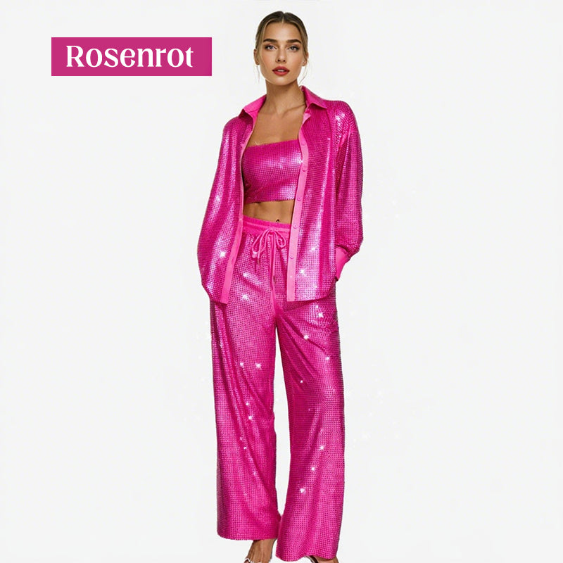 💕2025 HEISSER VERKAUF💐Paillettenblazer und weite Hose für Damen (3-teiliges Set)