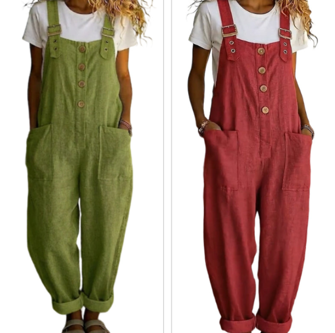 👖JETZT 49 % RABATT! 🌿 Lässige Damen-Latzhose mit Knopfleiste – Verstellbare Träger, atmungsaktives Material &amp; bequeme Passform ✨