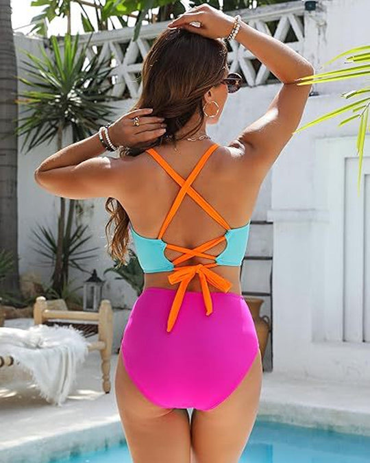 💥Last Day Special Sale 49% OFF👙Color-Block Crisscross Laced Back Bikini Set