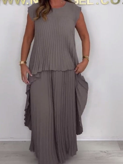 ✨Schneller Verkauf 49 % Rabatt🌸Laney Set aus plissiertem, kurzärmligem, unregelmäßigem Midi-Top und Hose mit weitem Bein und elastischer Taille