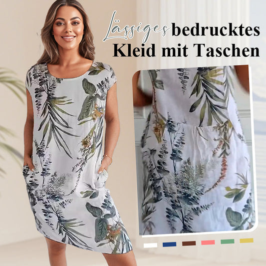 🌷❤️‍🔥Bedrucktes Kleid mit Rundhalsausschnitt aus Baumwolle und Leinen für Frauen