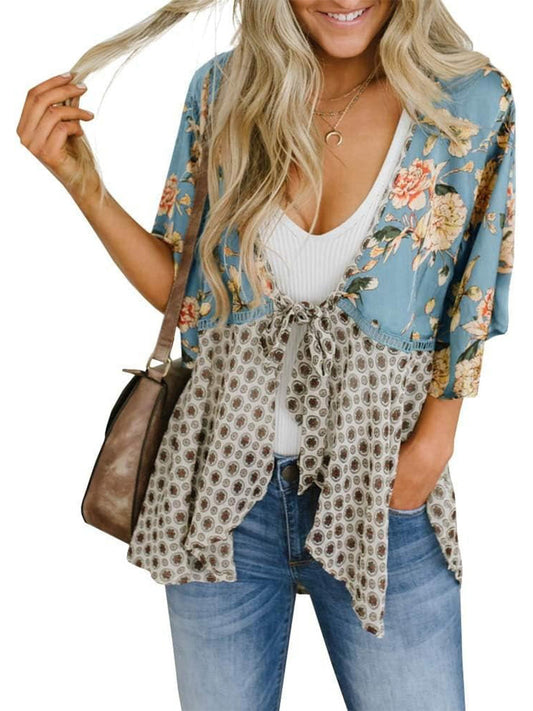 📢📢Großer Ausverkauf läuft!⏰🌸Damen-Kimonos mit Blumenmuster, Rüschenärmeln und Bindegürtel – luftige Boho-Cardigans im lockeren Schnitt