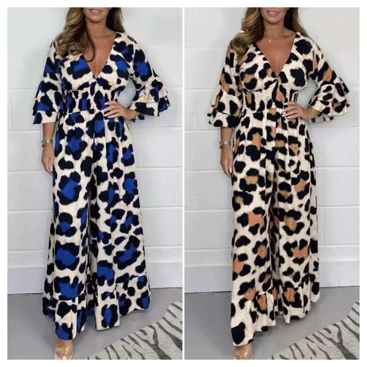 🔥🍃Jumpsuit mit V-Ausschnitt und Leopardenmuster