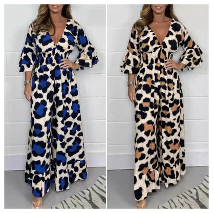 🔥🍃Jumpsuit mit V-Ausschnitt und Leopardenmuster