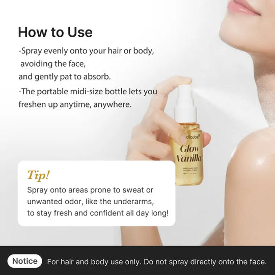 [NEW] [medicube] Vanilla Hair Body Fragrance Mist | Glow Vanilla | 24 Hours Odor Control, Deep Hydration, Body Brightening Care &amp; Boosting Hair Radiance | Vanilla, Pistachio &amp; Caramel Scent | Hair &amp; Body Care with Kojic Acid | Korean Skincare, K-Beauty