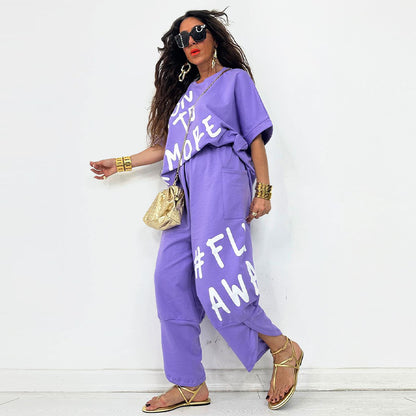 Women’s Casual Loose Fit Two-Piece T-Shirt & Pants Set