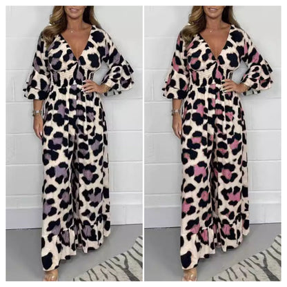 🔥🍃Jumpsuit mit V-Ausschnitt und Leopardenmuster