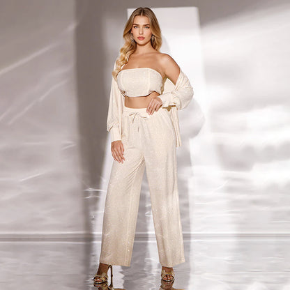 💕2025 HEISSER VERKAUF💐Paillettenblazer und weite Hose für Damen (3-teiliges Set)