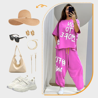 Women’s Casual Loose Fit Two-Piece T-Shirt & Pants Set