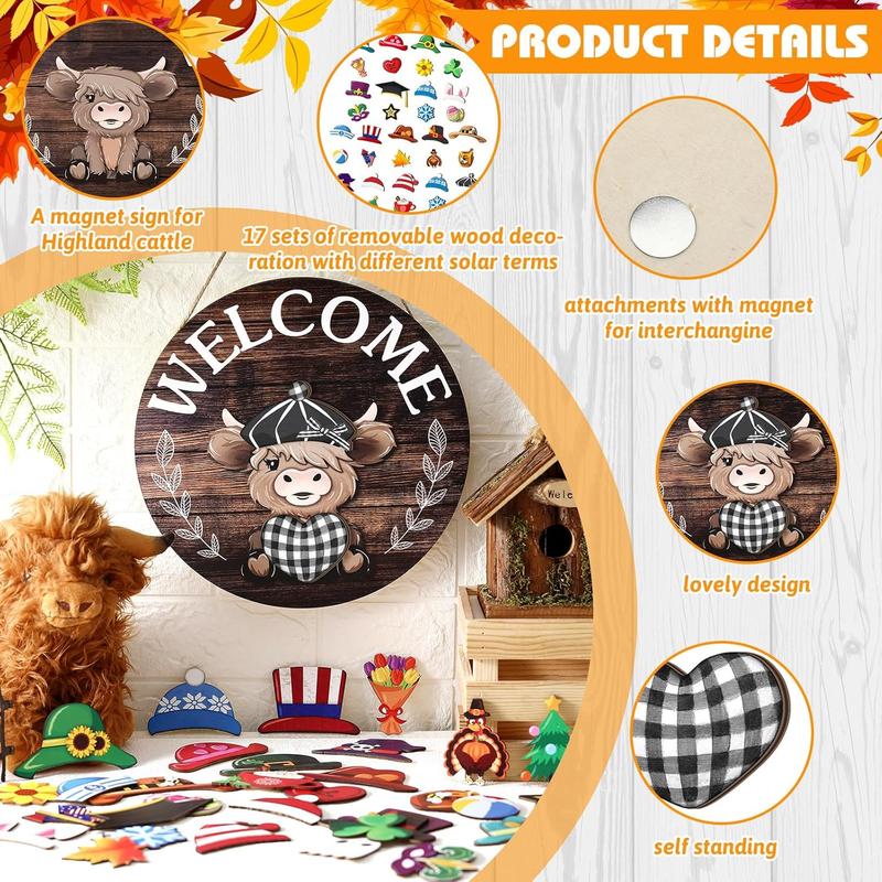 🐇 Osterverkauf: 50 % Rabatt!!💥 Highland Cow-Schild Austauschbares Willkommensschild mit Magneten Abnehmbare Hüte Niedliche Rinder zum Aufhängen