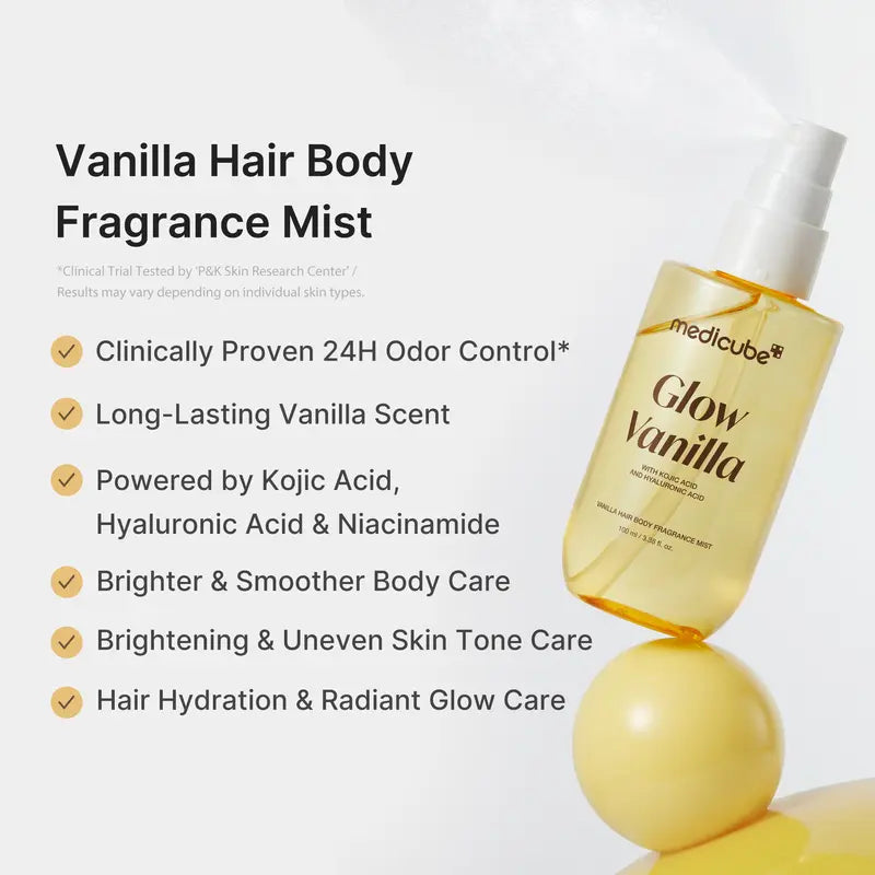 [NEW] [medicube] Vanilla Hair Body Fragrance Mist | Glow Vanilla | 24 Hours Odor Control, Deep Hydration, Body Brightening Care &amp; Boosting Hair Radiance | Vanilla, Pistachio &amp; Caramel Scent | Hair &amp; Body Care with Kojic Acid | Korean Skincare, K-Beauty