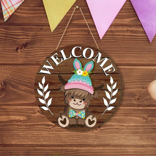 🐇 Osterverkauf: 50 % Rabatt!!💥 Highland Cow-Schild Austauschbares Willkommensschild mit Magneten Abnehmbare Hüte Niedliche Rinder zum Aufhängen