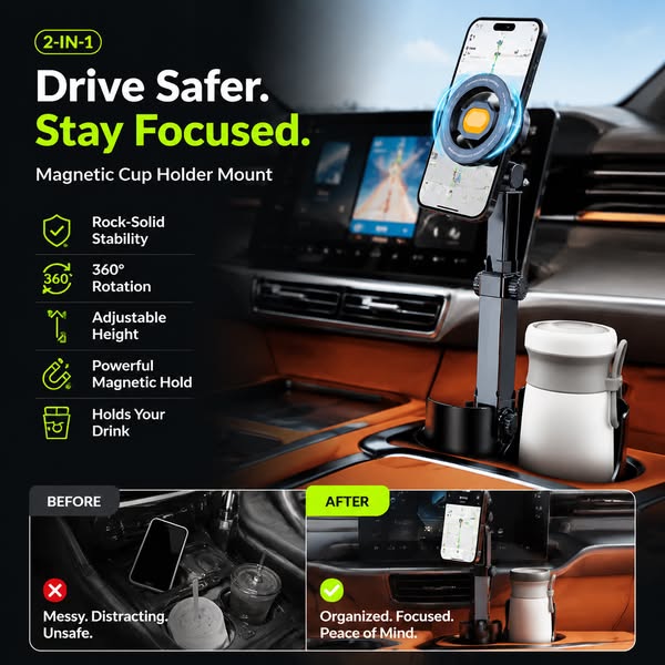 ⭐2026 New Arrival💥HOT SALE🥳🧲Car Cup Holder Phone Mount – 360° Adjustable, Strong N52 Magnet, One-Hand Operation, Fits All Phones, Stable Magnetic &amp; Clamp Models for Safe Driving