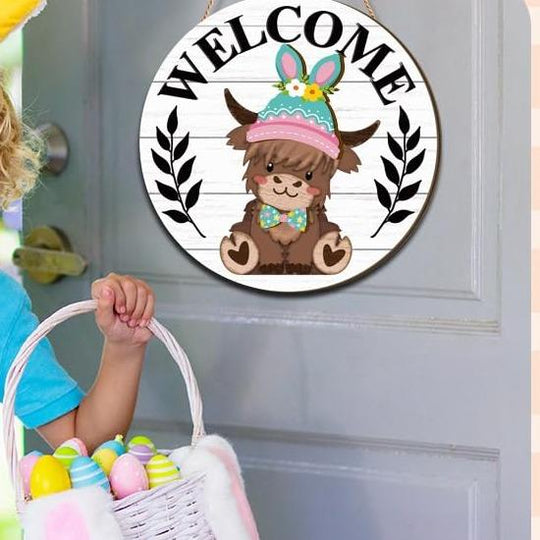🐇 Osterverkauf: 50 % Rabatt!!💥 Highland Cow-Schild Austauschbares Willkommensschild mit Magneten Abnehmbare Hüte Niedliche Rinder zum Aufhängen