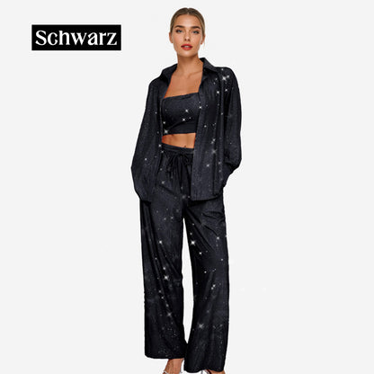 💕2025 HEISSER VERKAUF💐Paillettenblazer und weite Hose für Damen (3-teiliges Set)
