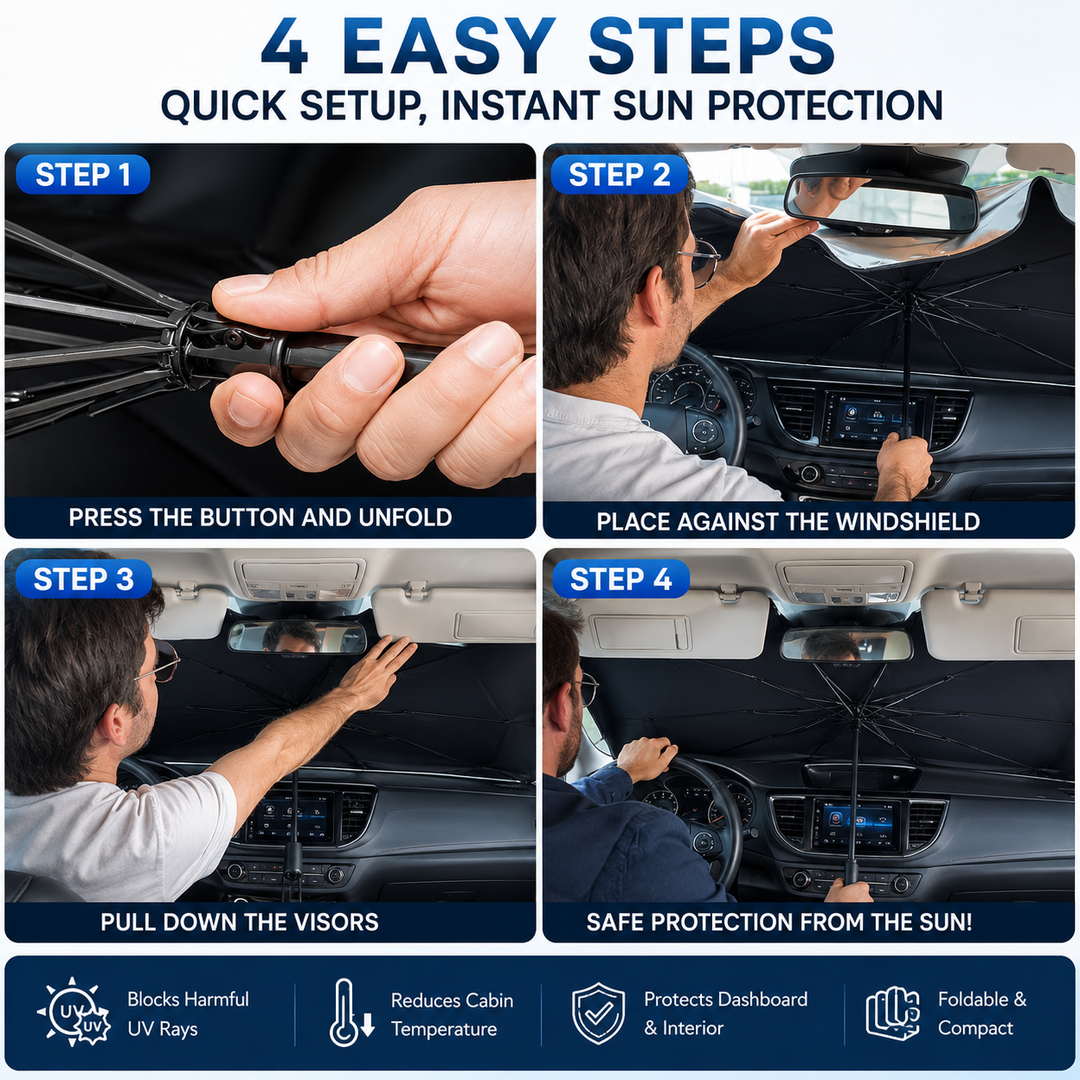 ☀️Car Sunshade – Effective Heat Insulation, UV Block &amp; Easy Foldable Auto Windshield Protector