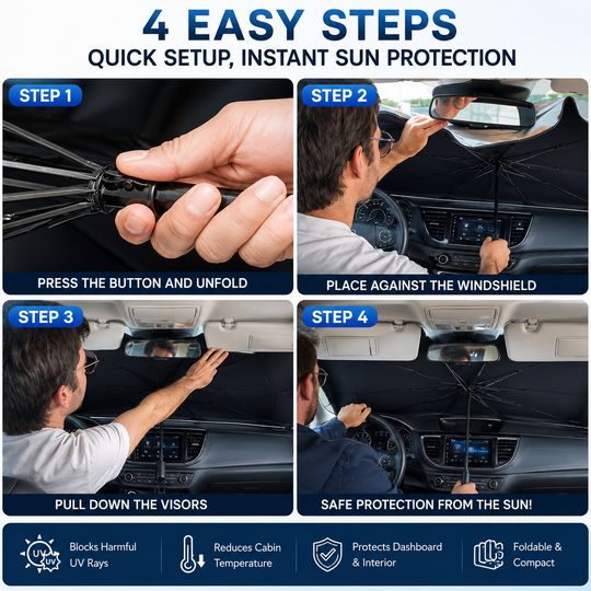 ☀️Car Sunshade – Effective Heat Insulation, UV Block &amp; Easy Foldable Auto Windshield Protector