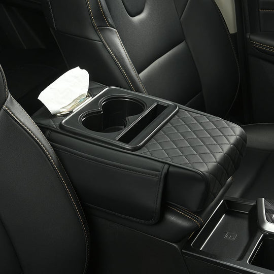 🚗 Car Console Organizer – PU Leather Armrest, Side Storage, Cup Holder