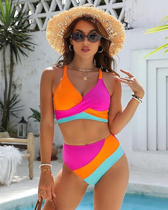 💥Last Day Special Sale 49% OFF👙Color-Block Crisscross Laced Back Bikini Set