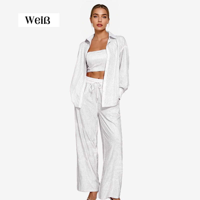 💕2025 HEISSER VERKAUF💐Paillettenblazer und weite Hose für Damen (3-teiliges Set)