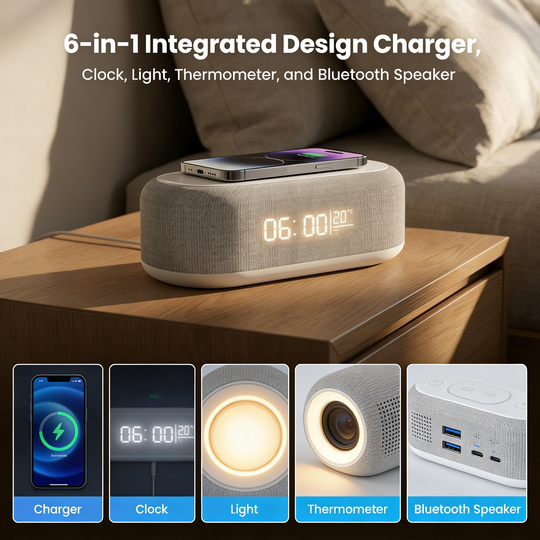 🌞Spring Awakening: 50% off!🔋6-in-1 Wireless Charging Station 25W – Clock, Alarm Clock, Bluetooth Speaker &amp; Night Light | All-in-one bedside table!
