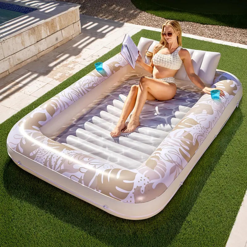 Sloosh-L/XL Inflatable Tanning Pool Lounge Float With Cup Holder, 70“X46”/85″ x 57″ Extra Large Pool Floats Adult with Pillow, 4 in 1 Suntan Tub Raft Floatie, Sunbathing Bed Lounge for Water Blow Up Kids Ball Pit Party Gifts, inflatable Sofa Swimming Pool