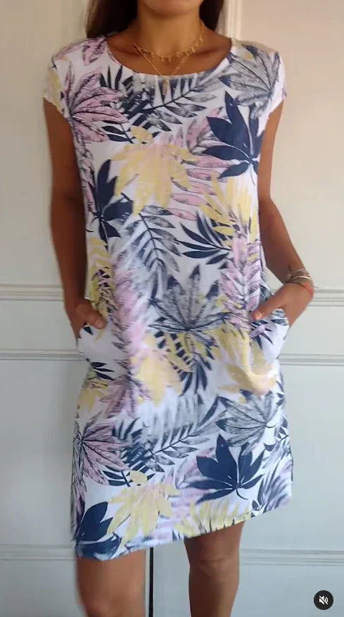 🌷❤️‍🔥Bedrucktes Kleid mit Rundhalsausschnitt aus Baumwolle und Leinen für Frauen