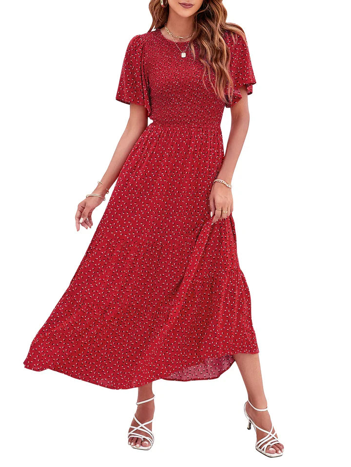 🌷LAST DAY SALE 50% OFF!!💥2026 Summer Casual Floral Print Short Flutter Sleeve Crew Neck Smocked High Waist Flowy Maxi Dress