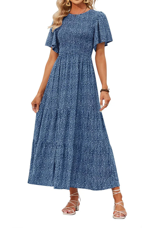 🌷LAST DAY SALE 50% OFF!!💥2026 Summer Casual Floral Print Short Flutter Sleeve Crew Neck Smocked High Waist Flowy Maxi Dress