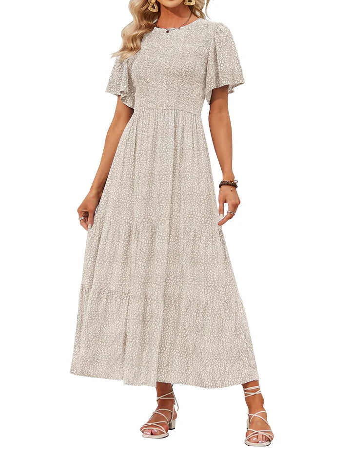 🌷LAST DAY SALE 50% OFF!!💥2026 Summer Casual Floral Print Short Flutter Sleeve Crew Neck Smocked High Waist Flowy Maxi Dress