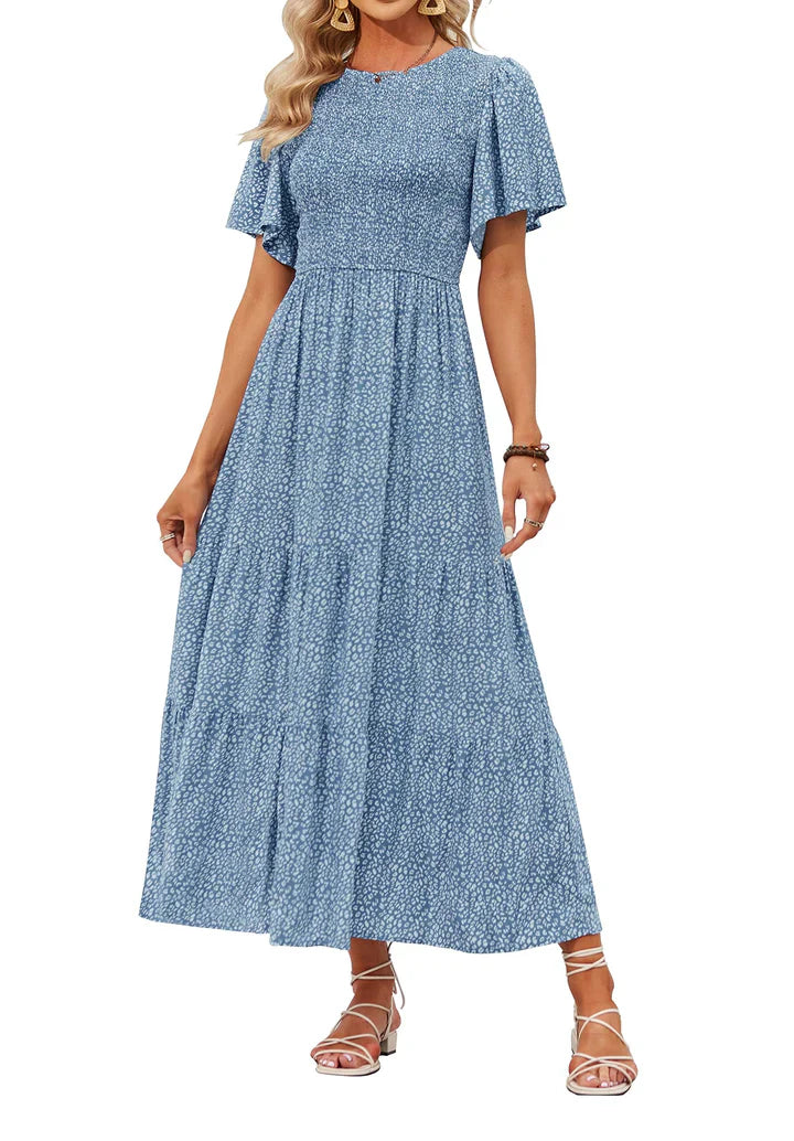 🌷LAST DAY SALE 50% OFF!!💥2026 Summer Casual Floral Print Short Flutter Sleeve Crew Neck Smocked High Waist Flowy Maxi Dress