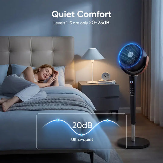 🔥50% OFF❄️Bedroom Pedestal Fan, Quiet 20dB DC Air Circulator, 15 Speeds 5 Modes, 120° Oscillation, 12H Timer, 1050CFM Airflow, 37-45" Adjustable Height, LED Light, Standing Fan with Remote