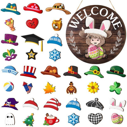 🐇 Osterverkauf: 50 % Rabatt!!💥 Highland Cow-Schild Austauschbares Willkommensschild mit Magneten Abnehmbare Hüte Niedliche Rinder zum Aufhängen