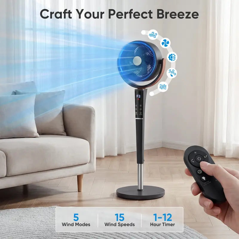 🔥50% OFF❄️Bedroom Pedestal Fan, Quiet 20dB DC Air Circulator, 15 Speeds 5 Modes, 120° Oscillation, 12H Timer, 1050CFM Airflow, 37-45" Adjustable Height, LED Light, Standing Fan with Remote