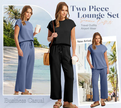🌺2025 Neu eingetroffen - 50% OFF🌺2025 Neue Frauen Casual Cap Sleeve Top Wide Leg Crop Pants Zweiteilige Sets