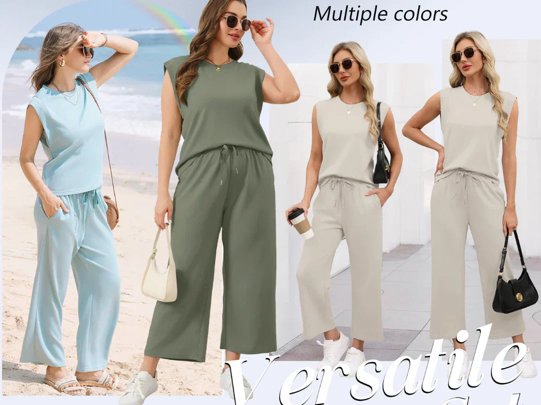 🌺2025 Neu eingetroffen - 50% OFF🌺2025 Neue Frauen Casual Cap Sleeve Top Wide Leg Crop Pants Zweiteilige Sets
