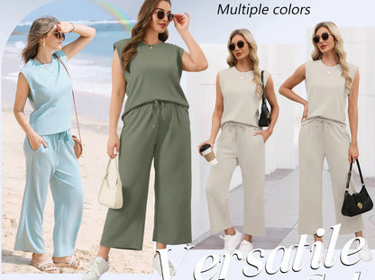 🌺2025 Neu eingetroffen - 50% OFF🌺2025 Neue Frauen Casual Cap Sleeve Top Wide Leg Crop Pants Zweiteilige Sets