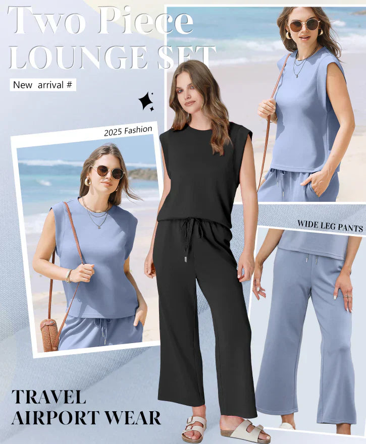 🌺2025 Neu eingetroffen - 50% OFF🌺2025 Neue Frauen Casual Cap Sleeve Top Wide Leg Crop Pants Zweiteilige Sets