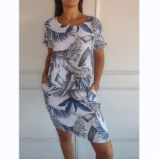 🌷❤️‍🔥Bedrucktes Kleid mit Rundhalsausschnitt aus Baumwolle und Leinen für Frauen