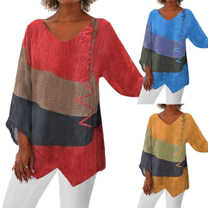 💖2025 Neues Angebot💖💃Elegantes lässiges V-Ausschnitt Langarm Kunstmuster bedrucktes Top für Damen