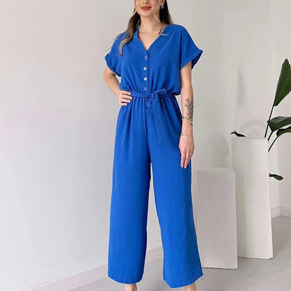 Lässiger Jumpsuit mit V-Ausschnitt und kurzen Ärmeln für Damen