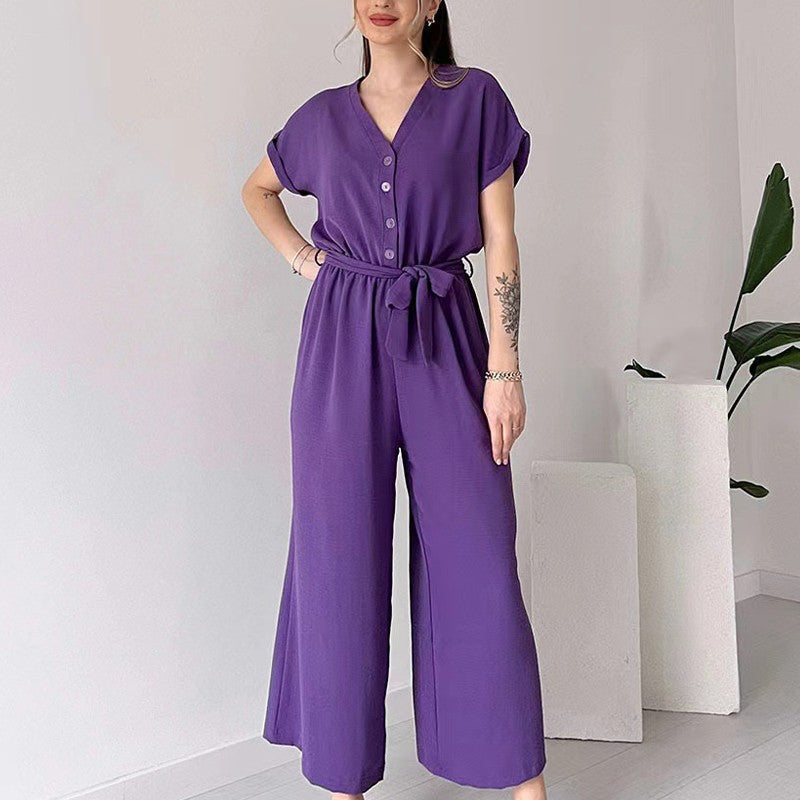 Lässiger Jumpsuit mit V-Ausschnitt und kurzen Ärmeln für Damen