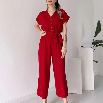 Lässiger Jumpsuit mit V-Ausschnitt und kurzen Ärmeln für Damen