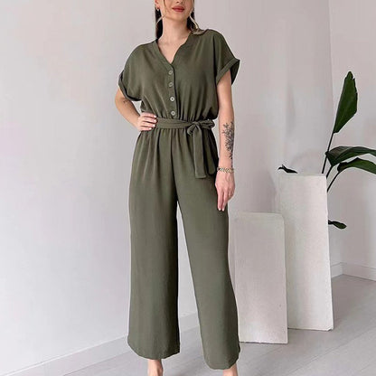 Lässiger Jumpsuit mit V-Ausschnitt und kurzen Ärmeln für Damen